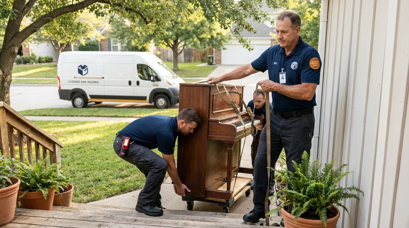 Licensed piano movers securing grand piano in Pataskala, OH