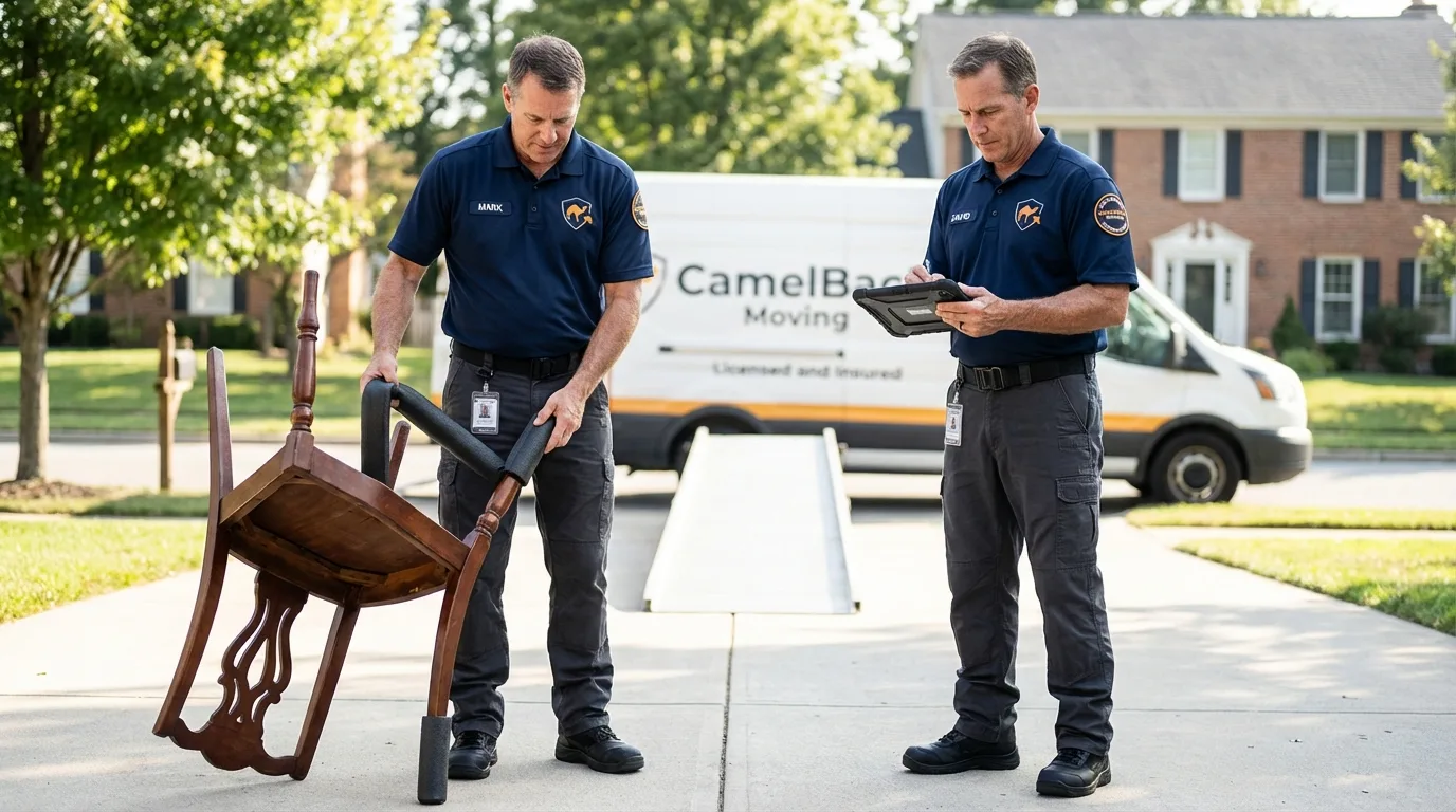 Movers inspecting furniture for damage prevention before loading in Pataskala, OH