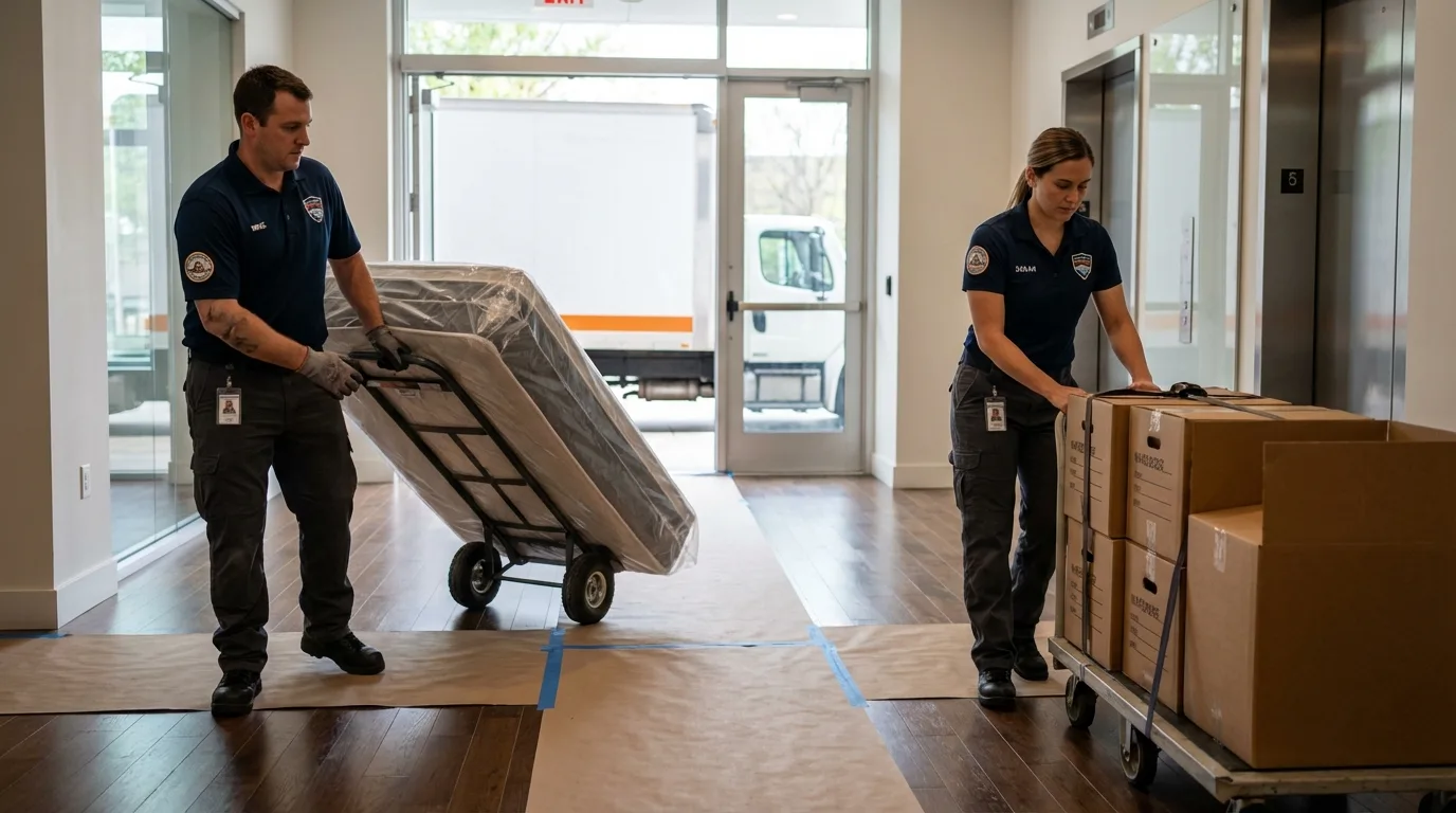 Professional apartment movers loading elevator in Pataskala, OH